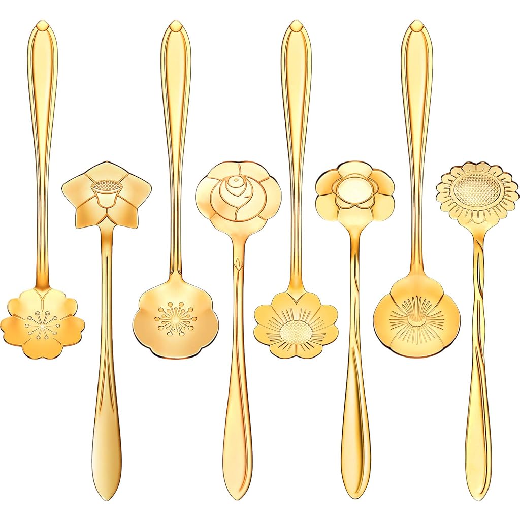 HASTHIP 8 Pieces Flower Spoon Coffee Teaspoon Set, 410 Stainless Steel Tableware, Reusable Sugar Spoon Tea Spoon Stir Bar Spoon Stirring Spoon, 8 Different Patterns (Golden) HASTHIP 8 Pieces Flower Spoon Coffee Teaspoon Set, 410 Stainless Steel Tableware, Reusable Sugar Spoon Tea Spoon Stir Bar Spoon Stirring Spoon, 8 Different Patterns (Golden)